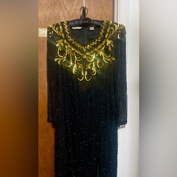 Vintage Laurence Kazar Beaded Black & Gold Silk Formal Evening Gown Size Large - Picture 4 of 7